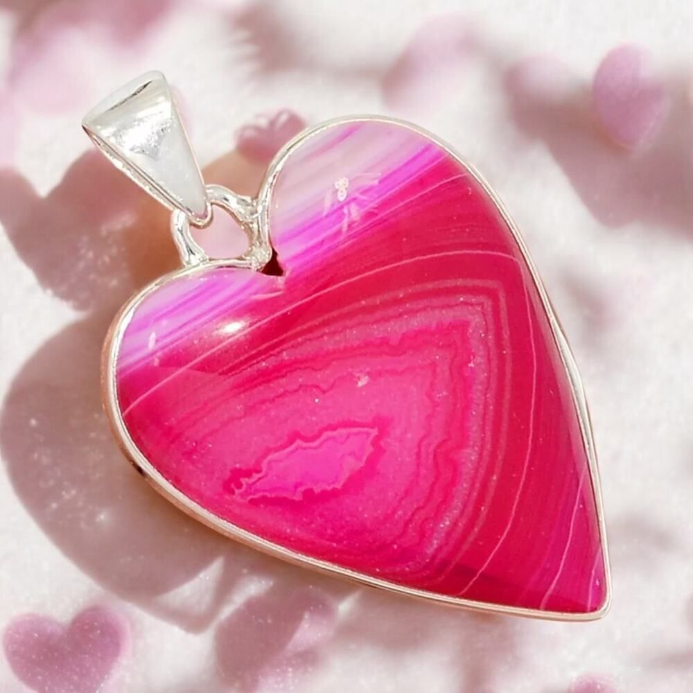 Pink Agate Heart Pendant Sterling Silver